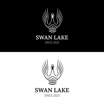 Swan lake spreading wings on water for grey goose logo design of luxury spa in simple line art style