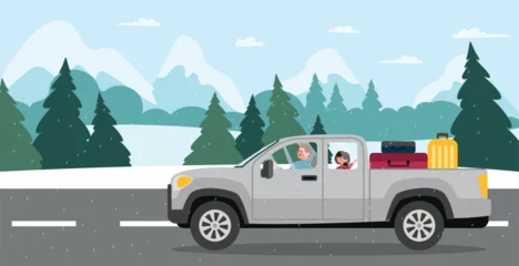 Foto op Aluminium Winter holiday car trip. Man and woman ride in gray pickup truck with suitcases against backdrop of forest and mountains under snowfall. Active lifestyle and camping. Cartoon flat vector illustration © Rudzhan