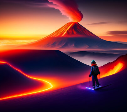 man skiiing on a volcano, neon lights - Created with AI