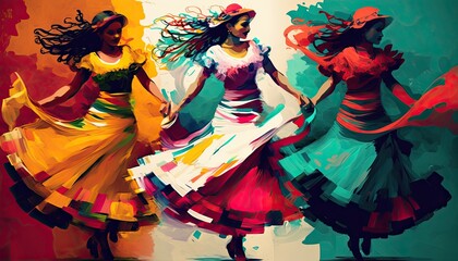 Fototapeta premium Dancing Mexican women with colorful skirts. Abstract celebration. Cinco de Mayo. Traditional Latin American art.