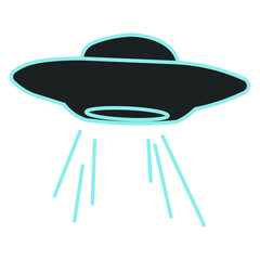 spaceship, ufo, flying saucer, ufo in minimal black and blue design with transparent background