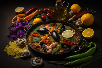 The table in the restaurant with Spanish paella with seafood served in a pan. Fresh Shrimp, Scampi, mussels, squid, octopus and scallops. Spanish typical, comida española, generative ai