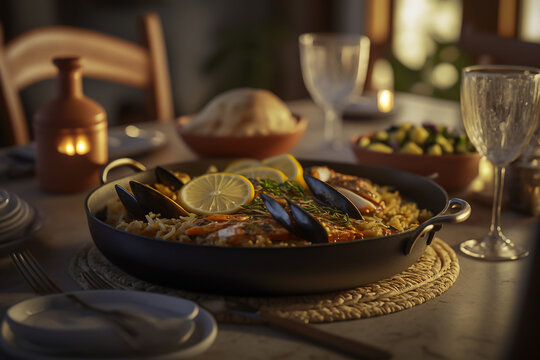 The table in the restaurant with Spanish paella with seafood served in a pan. Fresh Shrimp, Scampi, mussels, squid, octopus and scallops. Spanish typical, comida española, generative ai