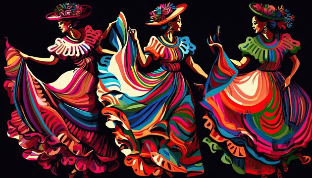 Dancing Mexican women with colorful skirts. Abstract celebration. Cinco de Mayo. Traditional Latin American art.
