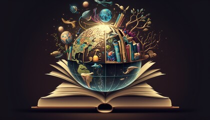 Earth globe sprouting from books. Conceptual art. Human and scientific knowledge. Education and learning.