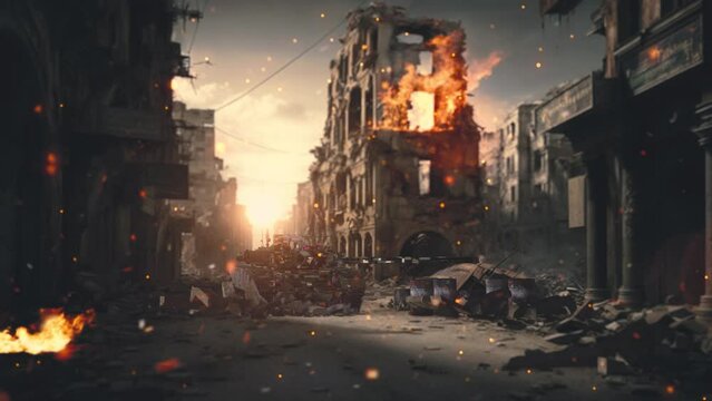 The video showcases a desolate and ruined cityscape. In the center of the scene is a military tank, a grim reminder of the war that devastated the area