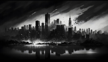 Monochrome Metropolis: A Timeless Matte Painting of the City Skyline