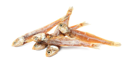 Fototapeta premium Delicious dried salted anchovies on white background