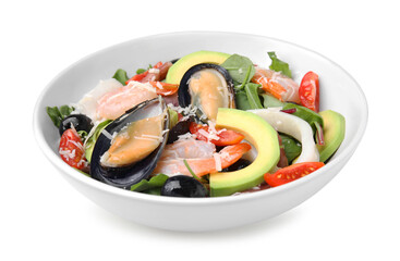 Bowl of delicious salad with seafood isolated on white