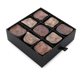 Box of delicious chocolate candies isolated on white