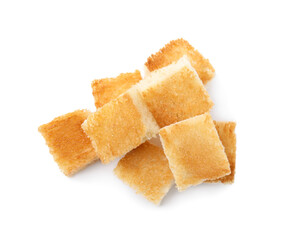 Delicious crispy croutons on white background, top view
