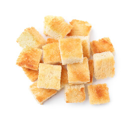 Delicious crispy croutons on white background, top view