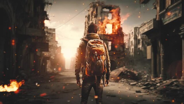 man with a backpack standing on the outskirts of a destroyed city. Rubble and debris are scattered around the area