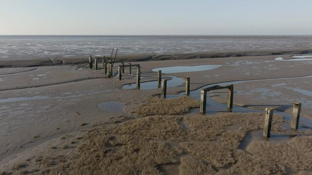 UK Coastline The Wash Norfolk Mud Flat Jetty Ruins Aerial Landscape Winter