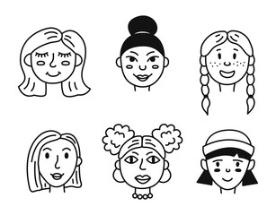 Set of people avatars. Doodle portraits women and girls. Hand-drawn vector illustration isolated on white background.