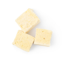 Delicious sweet puffy marshmallows on white background, top view