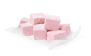 Delicious sweet marshmallows with powdered sugar isolated on white