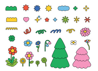 Cute decoration elements. Trees, flowers and shapes. outline simple vector illustration. - 573378555