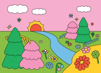 Rolgordijnen Kinderkamer Cartoon background of pink sky. Fantasy landscape with cute nature objects. outline simple vector illustration.  © MINIWIDE