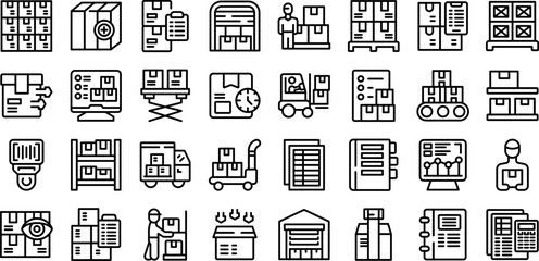 Naklejka na ściany i meble Storekeeper icons set outline vector. Worker wood. House inventory