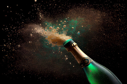 A green champagne bottle with a beautiful popping golden label. Generative AI