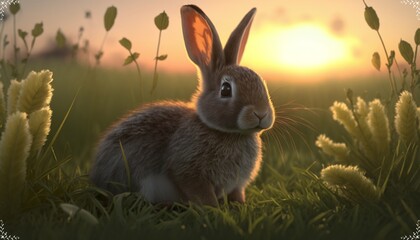 rabbit on a lawn at sunset created with Generative AI technology