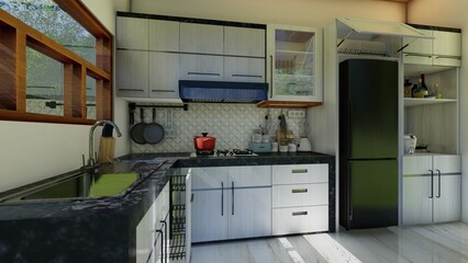 Modern style kitchen design with white walls. 3d renders