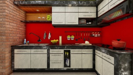 Modern style kitchen interior design with dark red walls. 3d renders