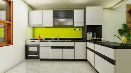 Modern style kitchen design with white walls. 3d renders