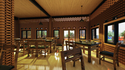 cafe interior with exposed walls and wood. 3d renders