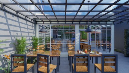 cafe on the terrace, with an open atmosphere, with glass shutters. 3d illustration