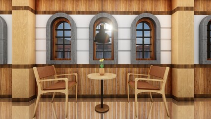 cafe interior with exposed walls and wood. 3d renders