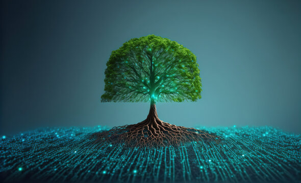 A beautiful large tree growing on the micro chip computer circuit board showing concept of digital business CSR and ethics . Sublime Generative AI image .