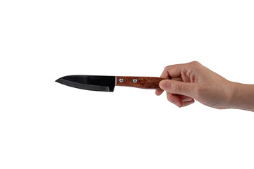 Hand and utility knife isolated on transparent background.