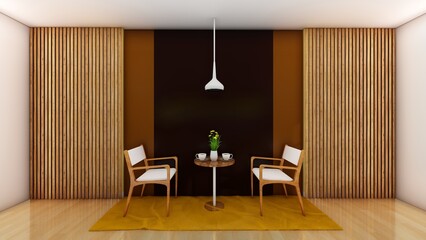 Coffee shop interior. Color wall background. 3d renders