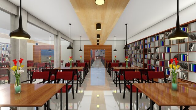 interior design, modern restaurant with bookshelves and windows background. 3d renders