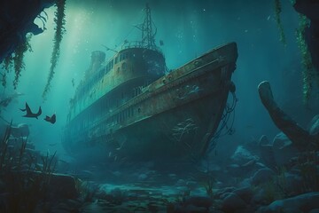 underwater shipwreck created using AI Generative Technology - obrazy, fototapety, plakaty