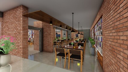 Traditional restaurant interior closeup photo. 3d rendering