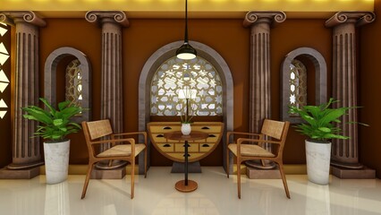 interior design, classic living room, with classic ornament motifs. 3d renders