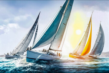 Fototapeta premium Sailing regatta. Sailing in the wind through the waves at the Sea. Generative AI