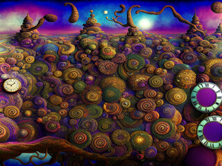 Whimsical time clock dreamscape colorful abstract background seq 27 of 32