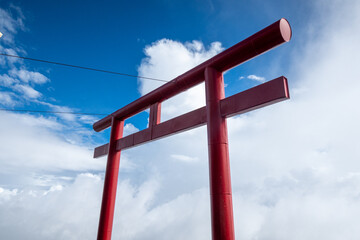 The red torii gate by Torii-so Hut at 7th station on Mt Fuji Yoshida route in Yamanashi, Japan. August 4, 2022