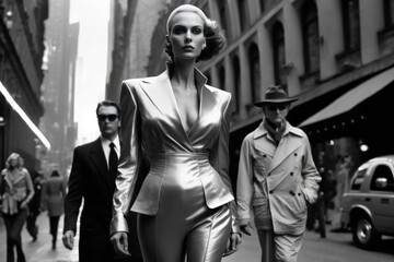 Fototapeta na wymiar Futuristic Black and white image of a stylish young woman wearing a fashionable outfit in New York City streets in 2040. Generative AI