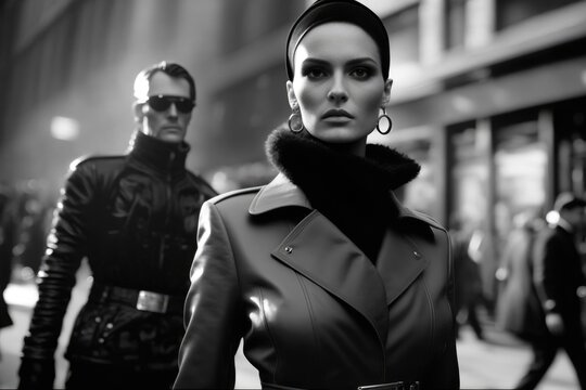 Futuristic Black and white image of a stylish young woman wearing a fashionable outfit in New York City streets in 2040. Generative AI
