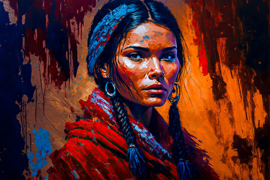 Cherokee woman portrait, Old West. Generative AI