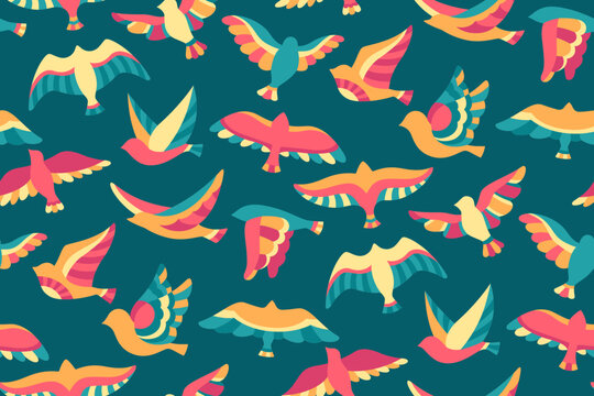 Flock of birds flying in sky seamless pattern. Flying bird dove abstract graphic ornament colorful cartoon texture. Flat colored modern trendy fowl sparrow, dove pigeon boundless wallpaper decoration