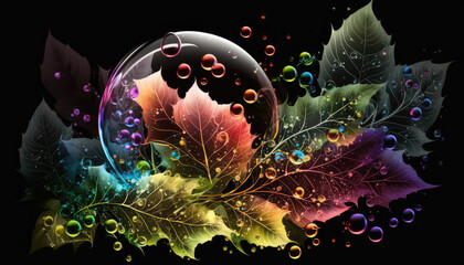 A colorful explosion of leaves and bubbles on a black background - a stunning art background wallpaper