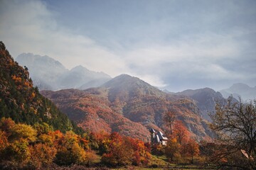 Beautiful landscape of village valley with mountain rank of Theth, Albania. 