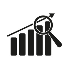 Graph lens arrow icon. Magnifying glass. Growth chart sign. Vector illustration.