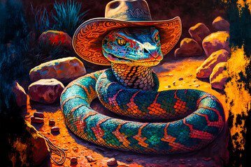 Rattlesnake wearing cowboy hat, Old West. Generative AI - obrazy, fototapety, plakaty